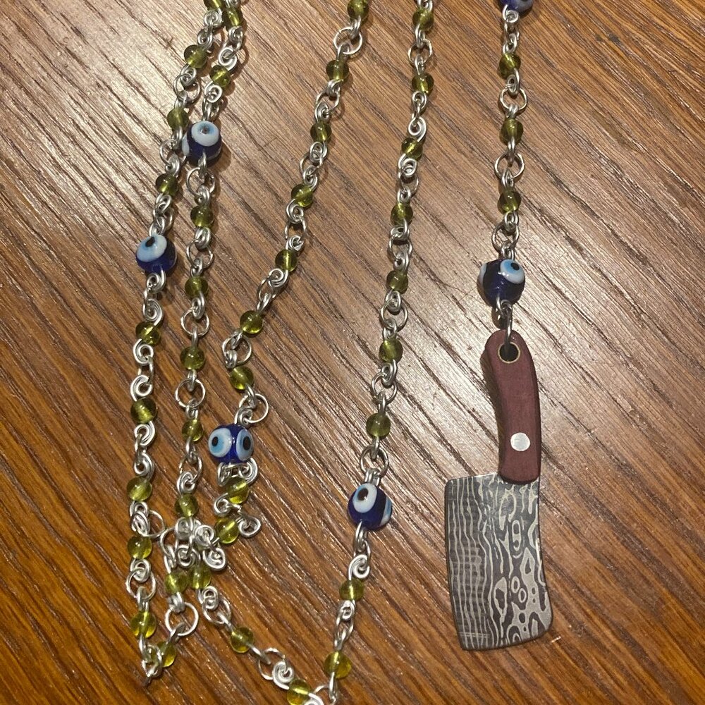 Handmade Mini Cleaver Rosary with Green and Evil Eye Glass Beads